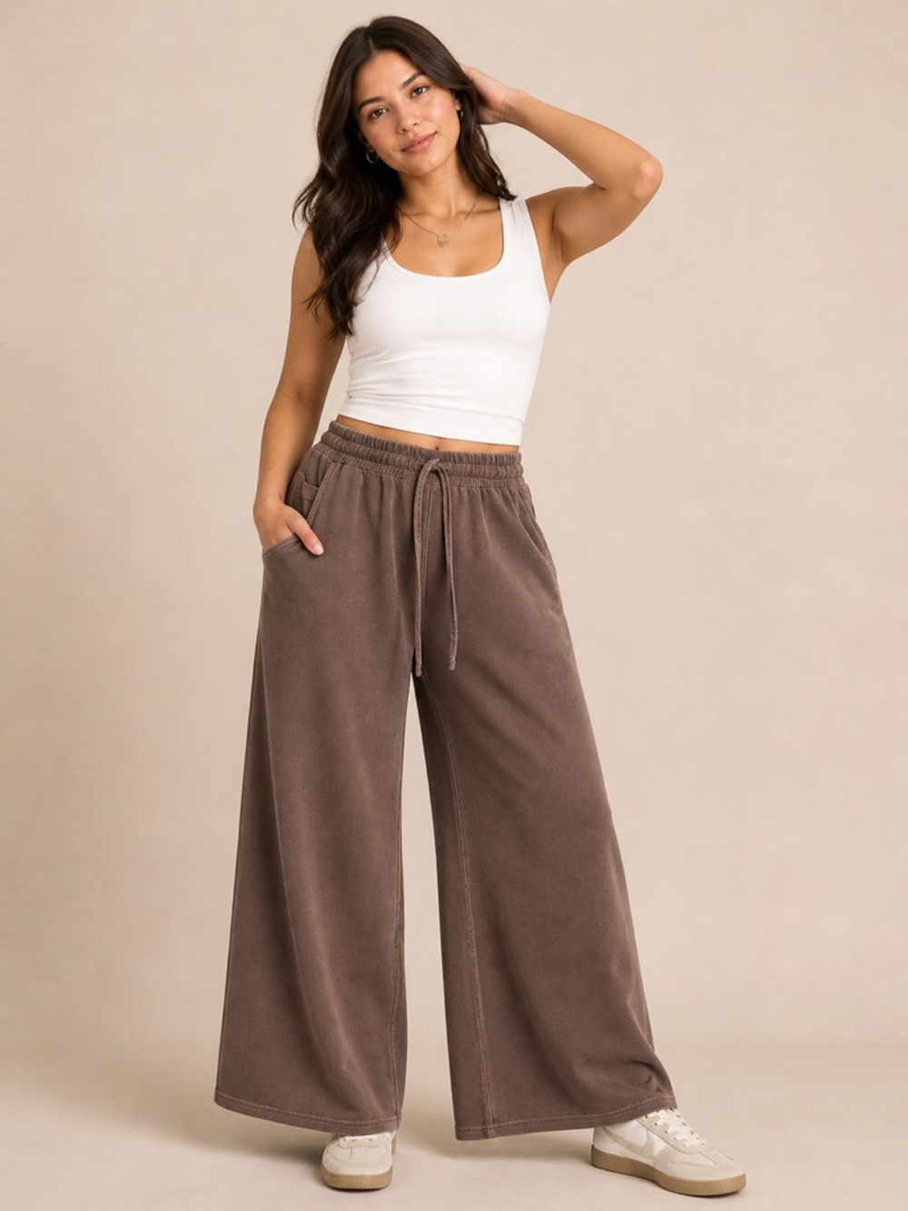 NEW Zenana Brown Acid Wash Wide Leg Sweatpants Size Large Cotton Relaxed Lounge
